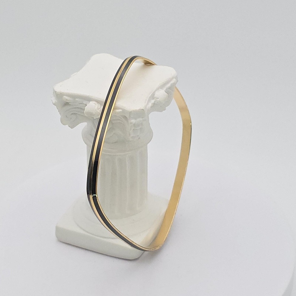 Vtg TRIFARI Bangle Bracelet Thin Square Black Enamel & Gold Tone CROWN TRIFARI